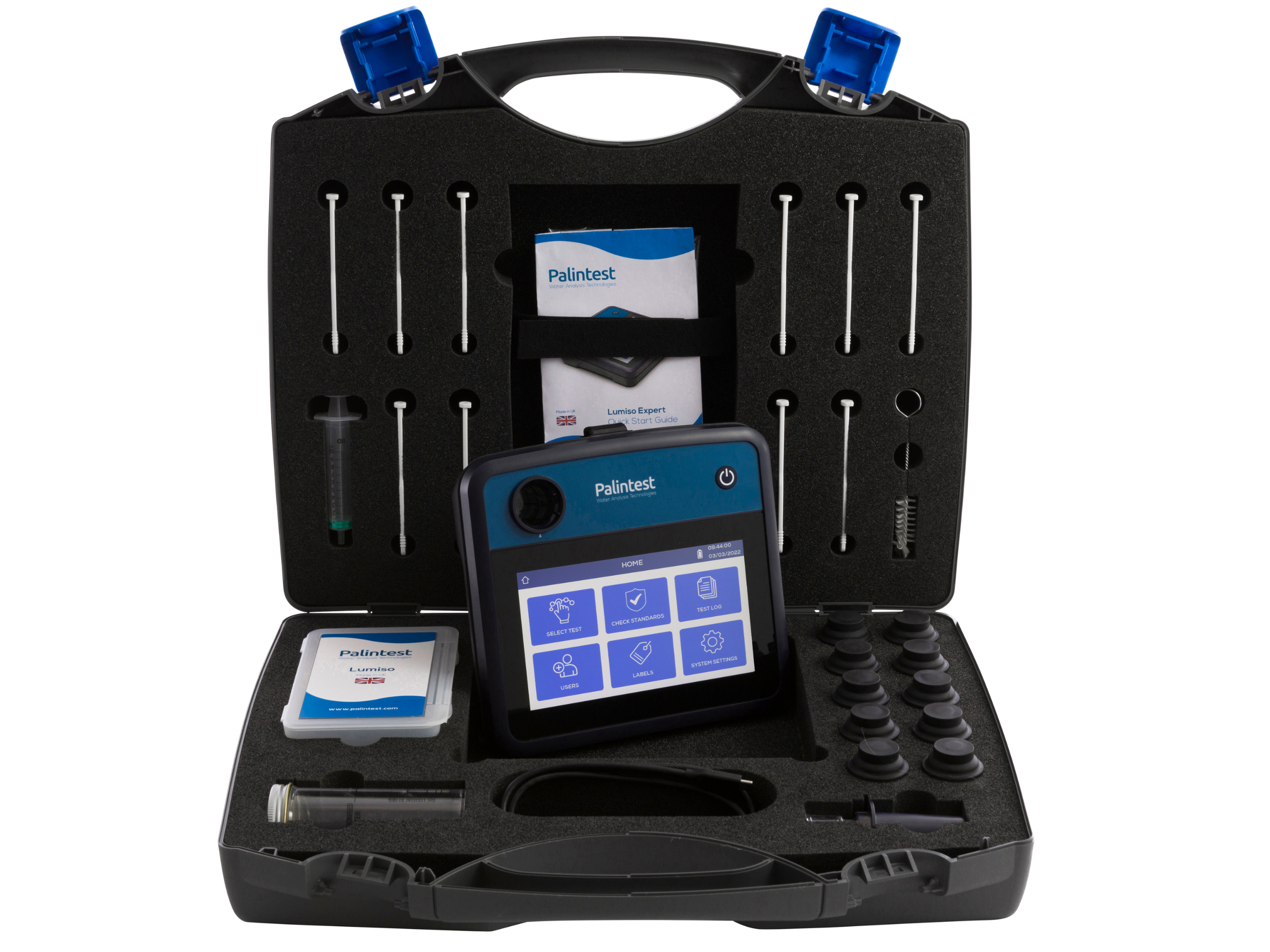 Technician using Kemio and Lumiso Expert devices from Palintest to monitor ammonia, nitrate, and phosphate levels in environmental water